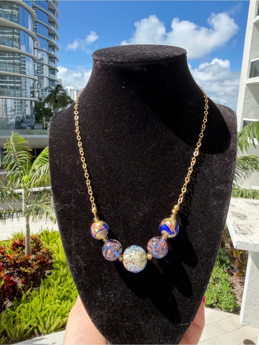 925 Silver  Blue Venetian Murano Glass Beaded Necklace, Gold Tone, LINEA Italy